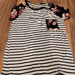 White & Black Stripe Floral Short Sleeve Tee